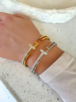 Double T and Nail Wrap CZ Bangle Bracelet