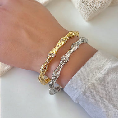 Twisted Elegance: Textured Bamboo Cubic Zirconia Bangle