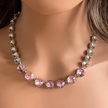 Light Rose & Clear Swarovski Element Crystal Tennis Necklace