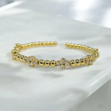 18K Gold/Silver Plated Cross CZ Stones Open Cuff  Beaded Bracelet