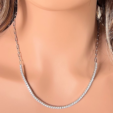 Cubic Zirconia Half Tennis Necklace and Paper Clip Link