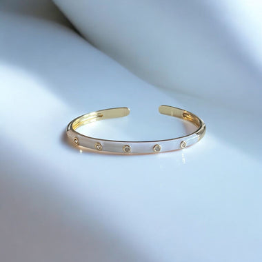 18K Gold Enamel With Round Diamond Cut Open Cuff Bracelet